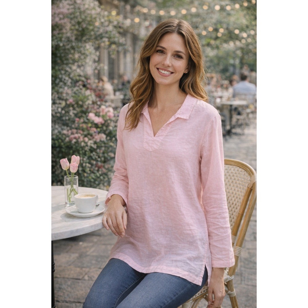 C&C California Womens 1X Pink 100% Linen Long Sleeve Tunic Top